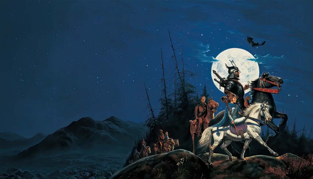 Eye of the World cover art. Lan and Moraine leading the Emond's Fielders.