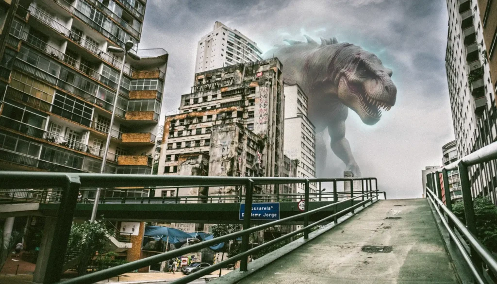 An urban decay cityscape with a giant zombie t-rex