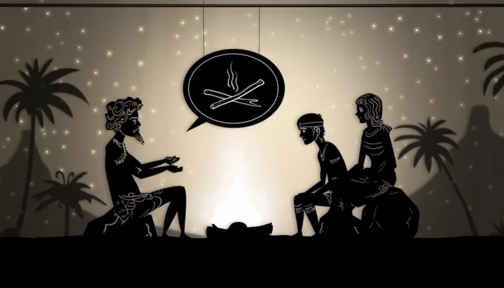 A stylized illustration of an elder instructing children around a camp fire.