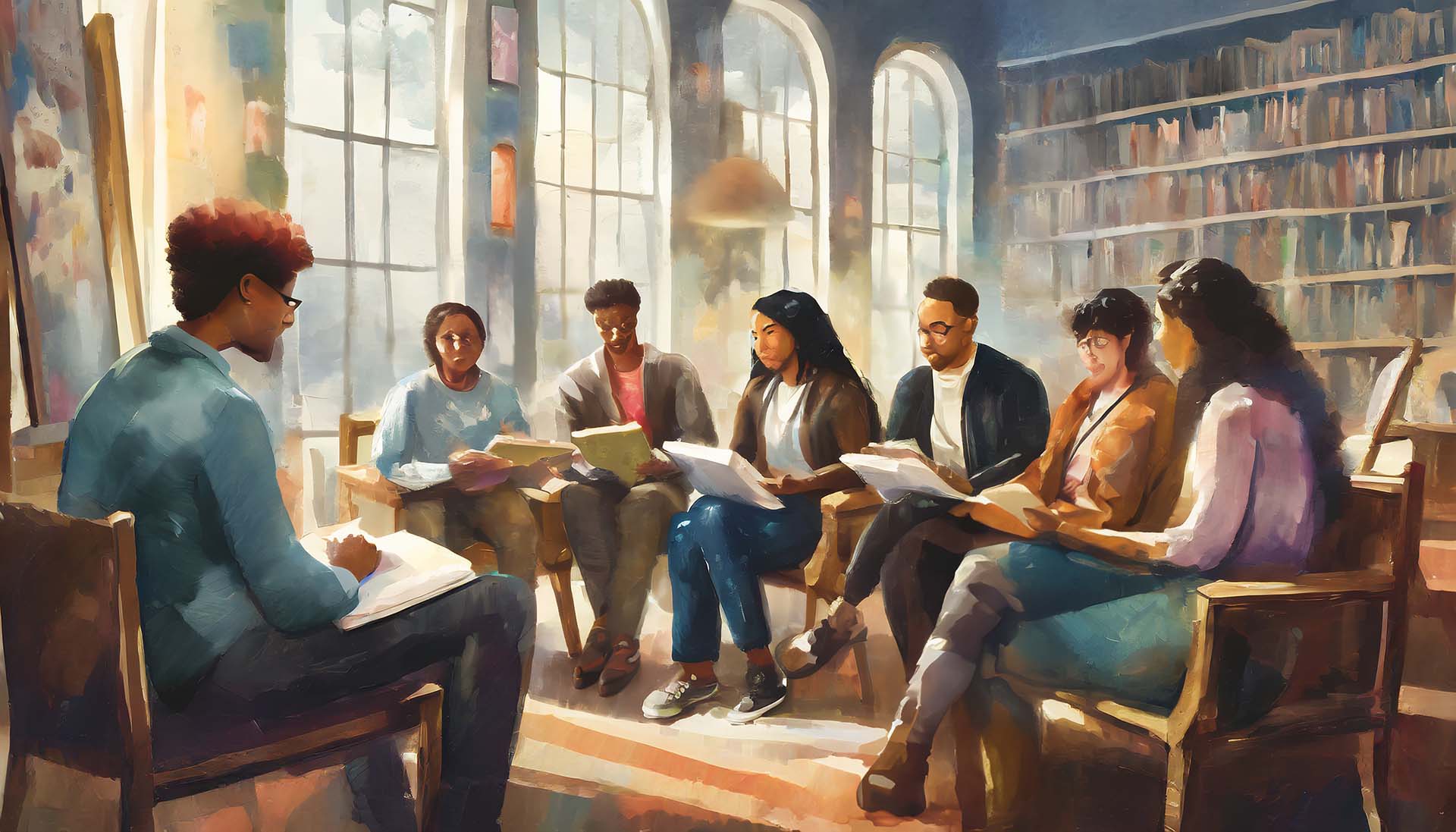 What is a humanist featured image. A group of people in a library having a discussion